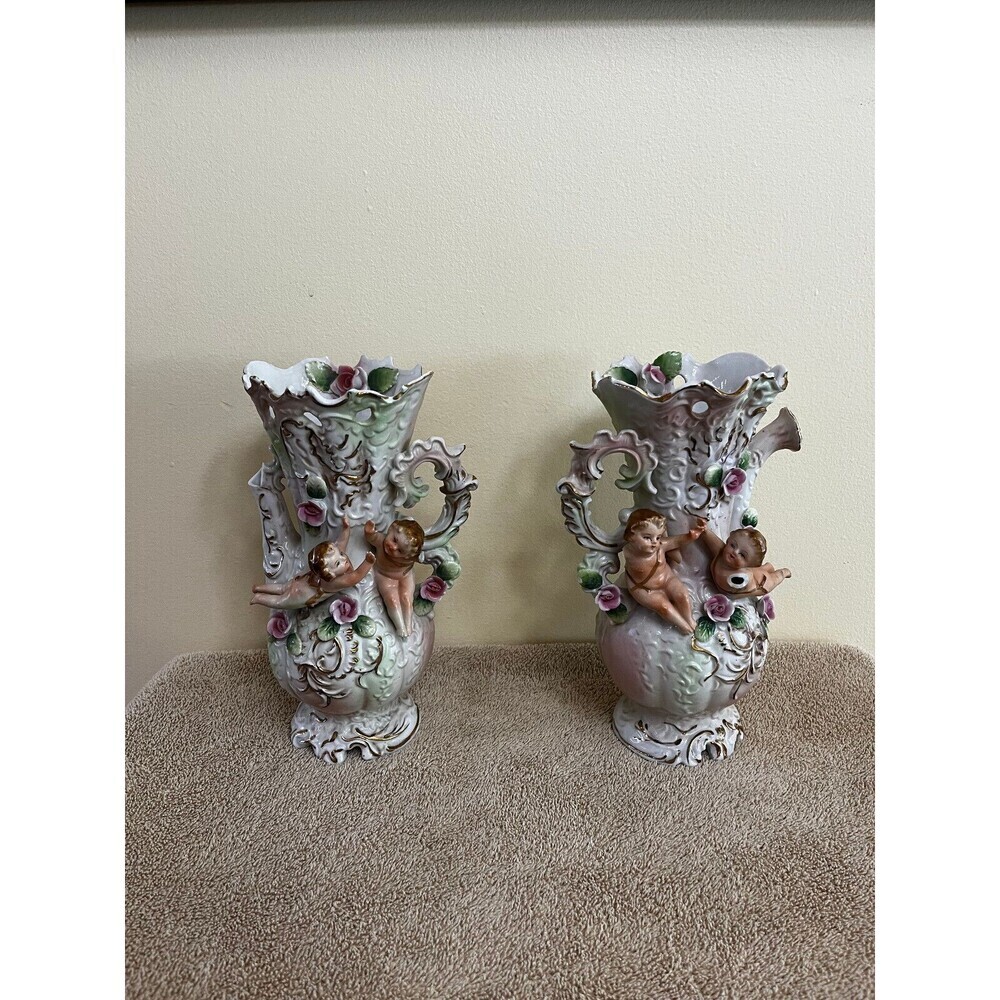 Set2pcs Vintage Ucagco Ceramic  Cherubs Ewer Pitcher/Vase 10" HandPainted - Picture 2 of 8